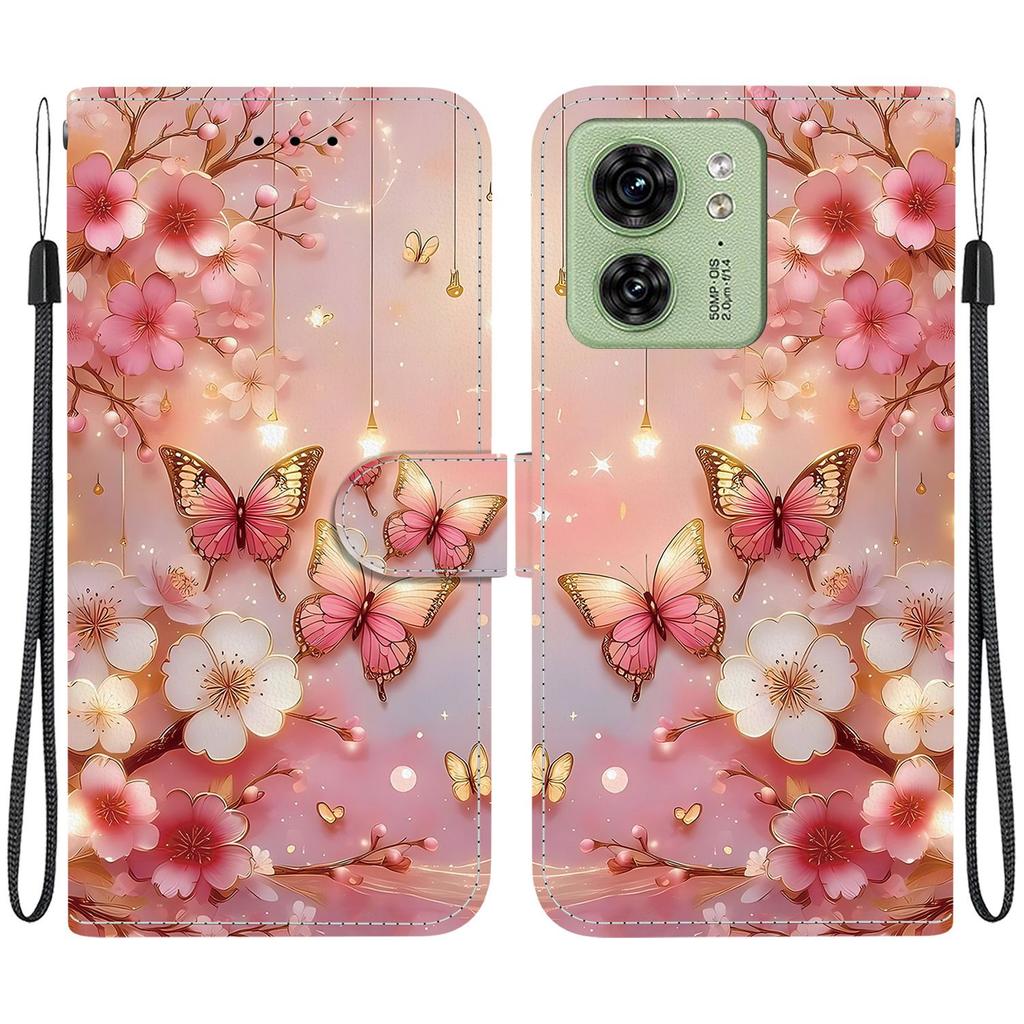 Handmade PU Leather Flip Case for Motorola Edge 40 Anti-Slip Shockproof Cover with Wrist Strap & Heart/Rose Cat Designs