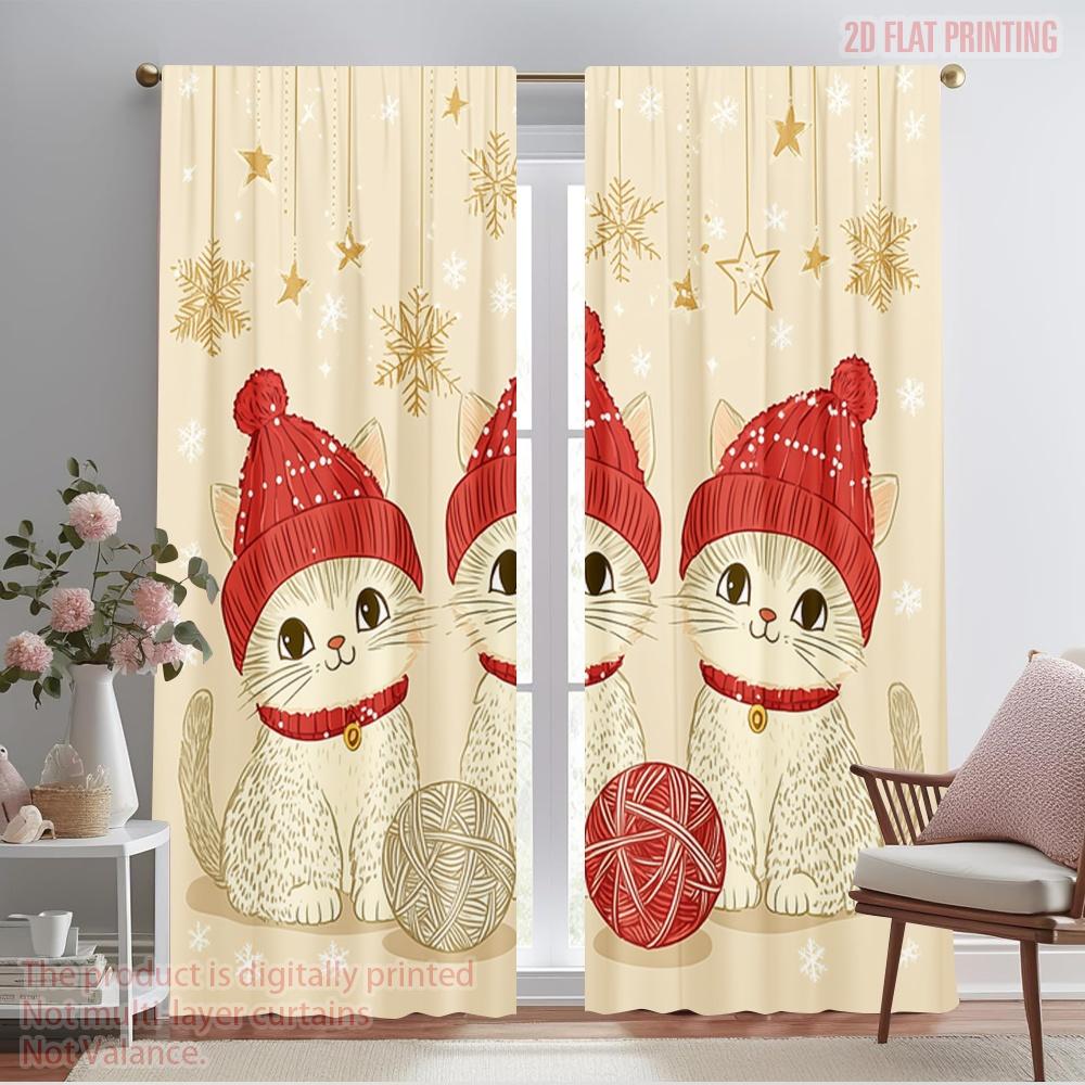 

2pcs,2D plane printing Curtains Digital Printed Christmas Cats Yarn Balls Polyester Woven (without rod) Festive Ldeal for Living 52.50×116.00 CM 2pcs