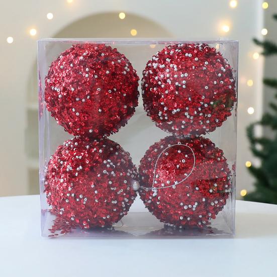 4 Pcs Christmas Ball Ornaments Glitter Sequin Shatterproof Foam Balls Decoration with Faux Pearl for Xmas Wedding Party Holiday Decor