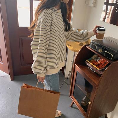Women's Early Autumn New Korean Loose-fitting Striped Top Round Neck Pullover Long-sleeved T-shirt