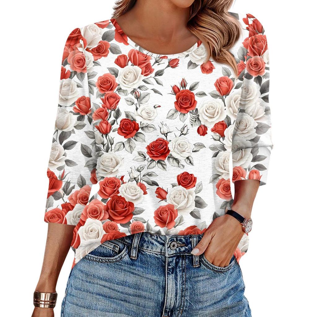 Women's Fashion Casual 3/4 Sleeve Print Shirt Women's Round Neck Tops