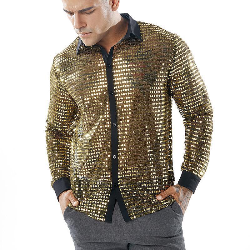 Summer Men's Long-sleeved Performance Clothes Striped Shirts Buttons And Sequins Shiny Shirts For Disco Parties Nightclubs