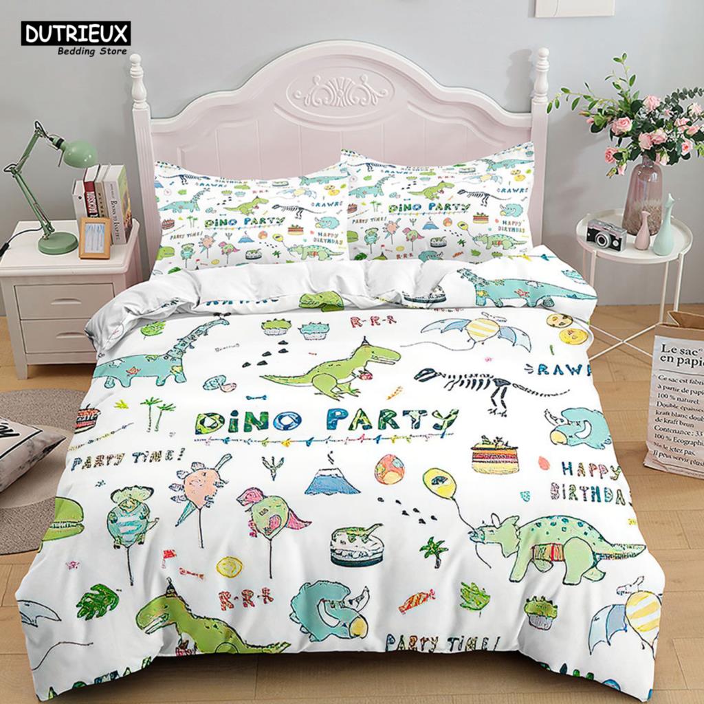 Cartoon Dinosaur Bedding Set White Soft Duvet Cover Animals Kids Boys Single Double Twin Queen King Size Duvet Cover Set