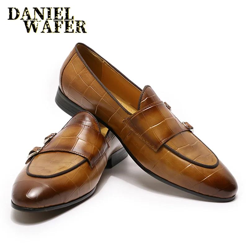 Fashion Luxury Men's Loafers Genuine Leather Shoes Brown Black Double Monk Strap Slip on Pointed Toe Office Wedding Dress Casual Shoes