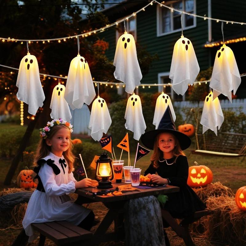 10LED Halloween Ghost Decorations with Remote Control String Lights Spooky Holiday Ornaments for Indoor Outdoor Porches Yards Gardens Lawn Party