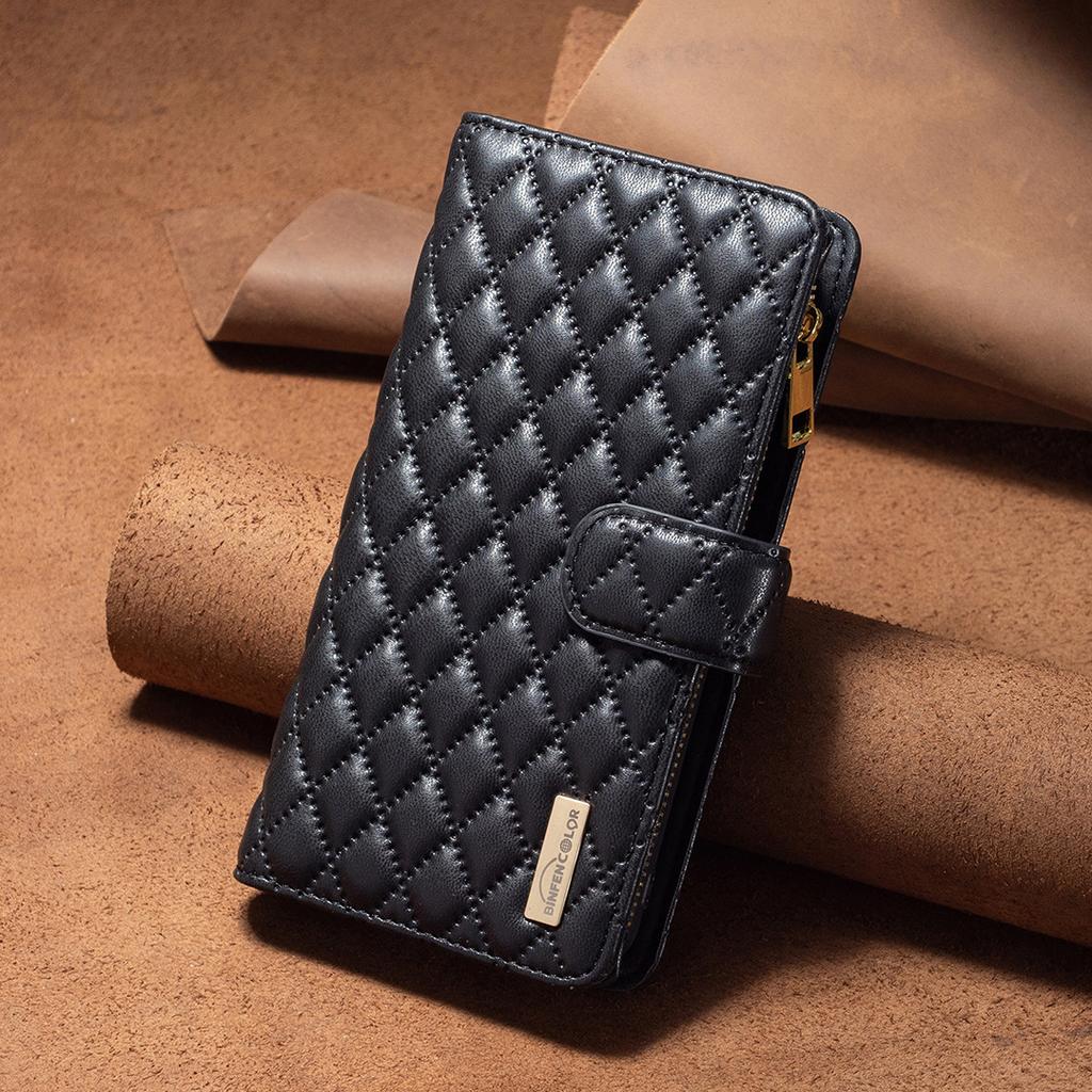 Applicable to iPhone16E mobile phone leather case 14Pro rhombus pattern small fragrant style zipper bag leather case 15plus solid color