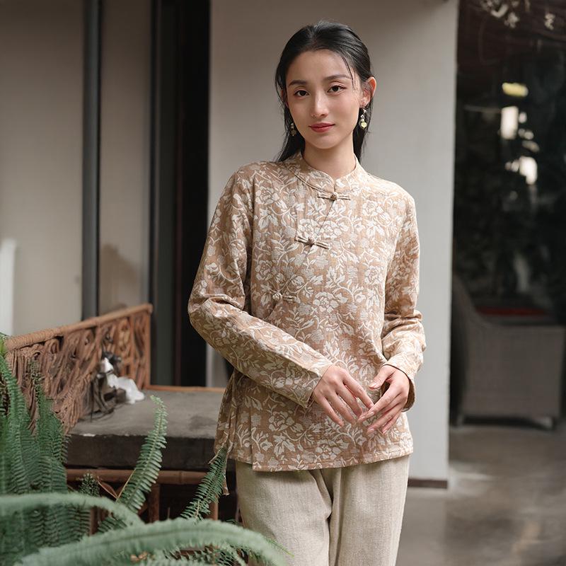 

Deer and Andi 2026 Spring Women s Retro Printed Chinese-Style Oblique Lapel Tie-Up Top XXL (recommended 140-155)