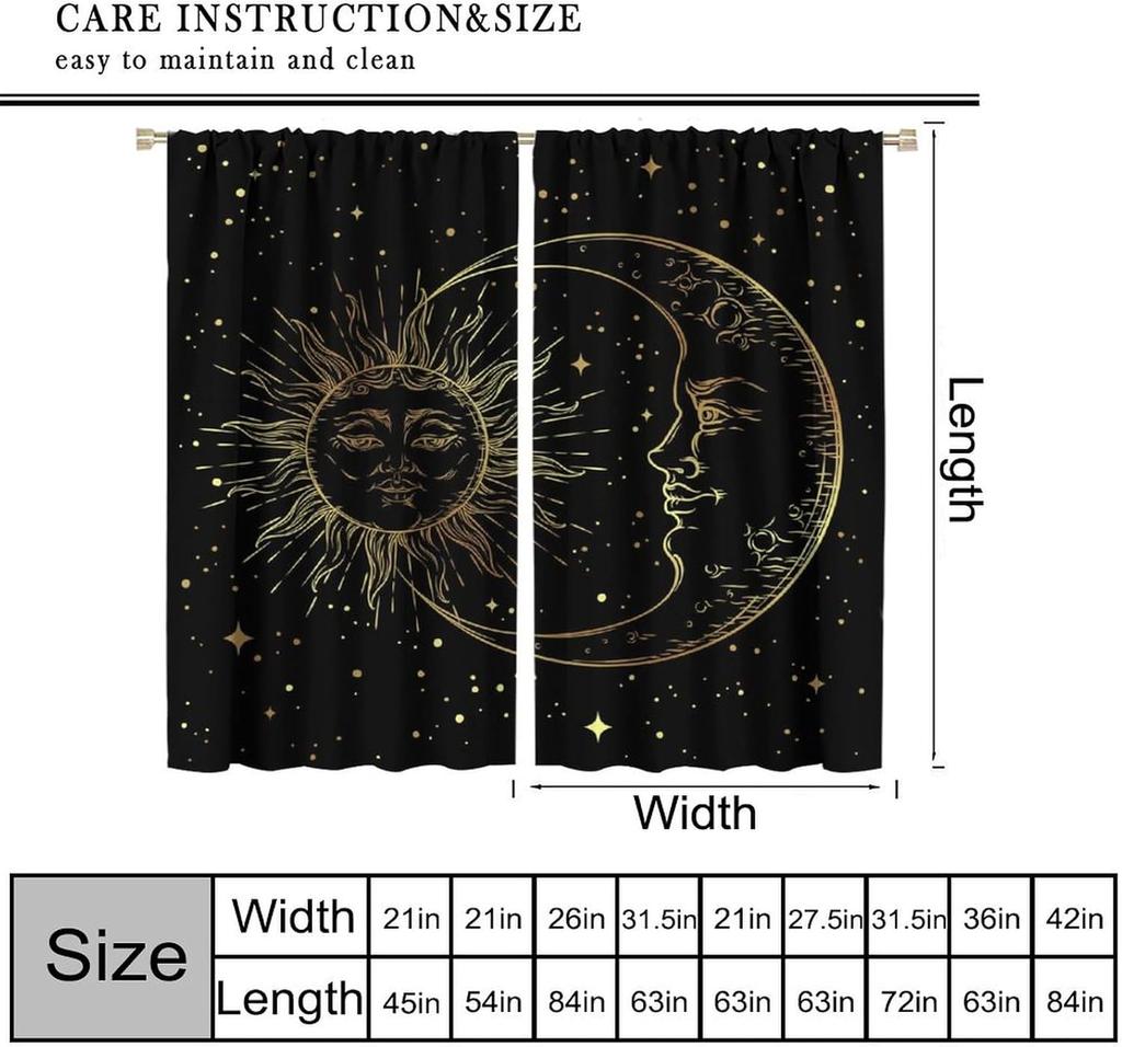 Sun Moon Curtains Bohemian Celestial Art Printed Blackout Window Drapes for Bedroom Living Room Kitchen Decor Fabric Set 2 Panel
