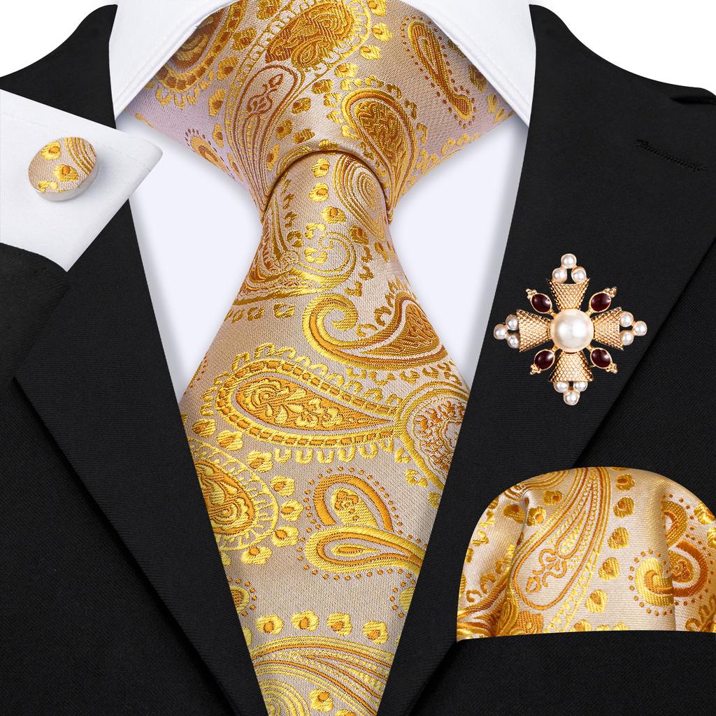 Pearl Brooch with Silk Tie for Men Vintage Floral Teal Necktie Hanky Cufflinks Gift Formal Set