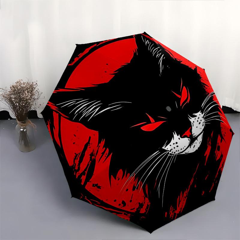 1pc Black Cat Red Moon Auto Open Close Umbrella, Portable 3-Fold Design, 8-Bone Iron Frame Outdoor Umbrella, Perfect Gift for Fans, Travelers, Daily U