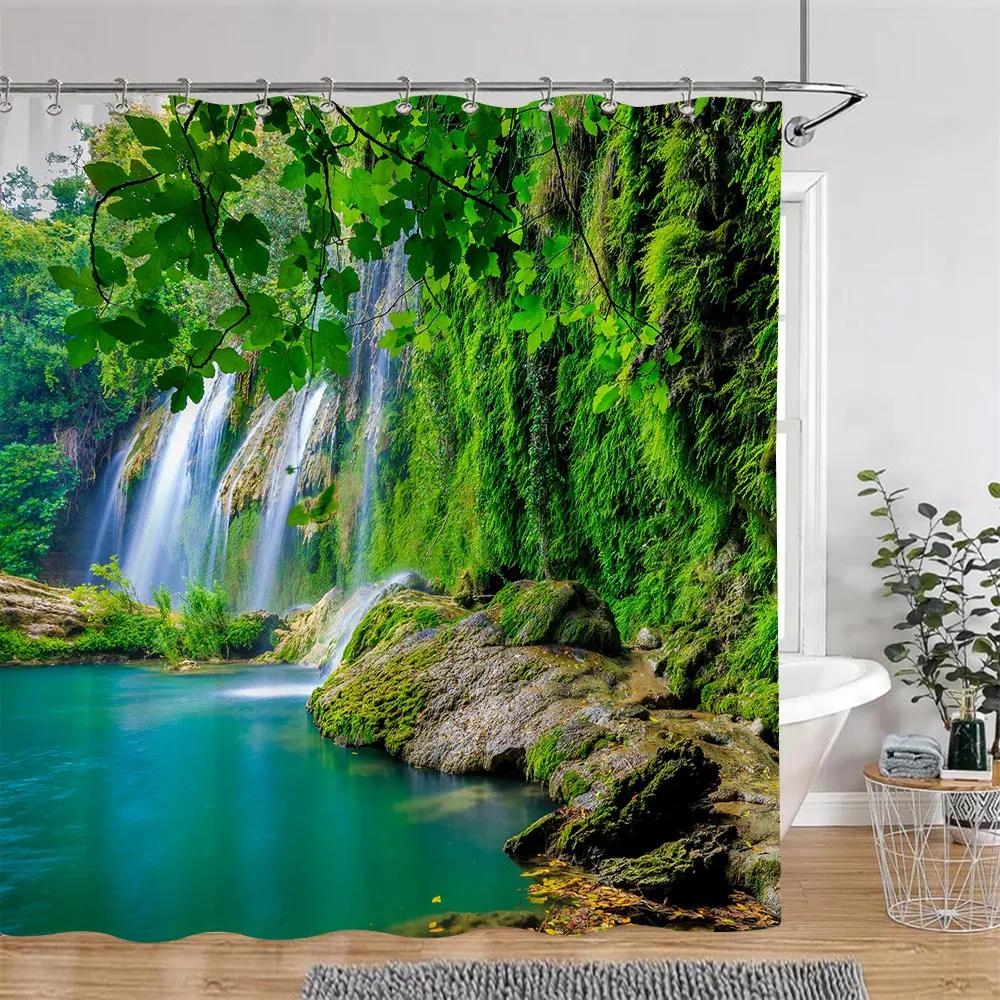 Sonnenschein Grün Wald Braun Fenster Duschvorhänge Bäume Pflanzen Natur Landschaft Polyester Badezimmer Vorhang Set Dekor Mit Haken