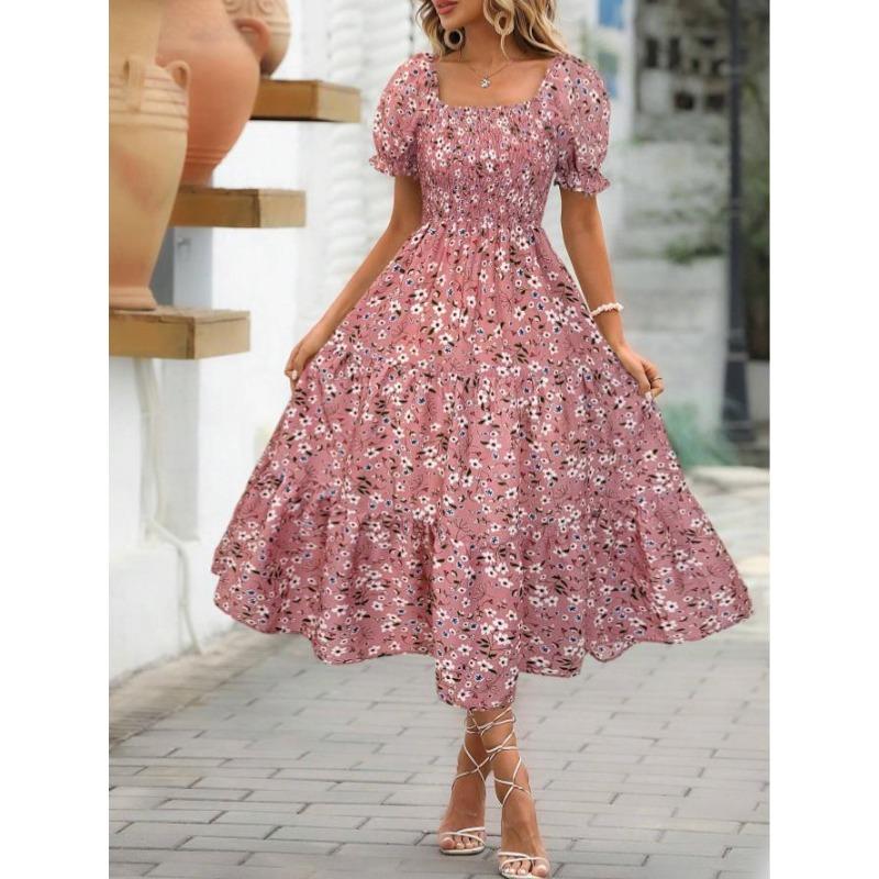 Vestito da Donna a Strati con Scollo Quadrato in Vita e Maniche a Bolla con Stampa Stile Dolce