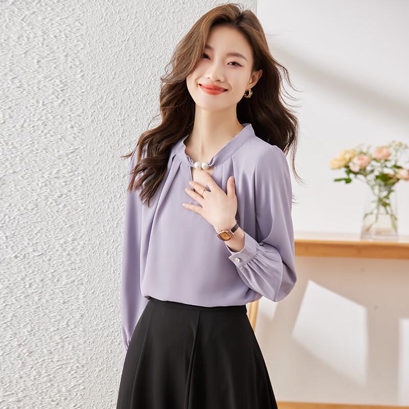 Women s Solid Color Long-Sleeve Round Neck Blouse S