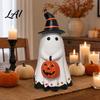 Halloween Holiday Vibes Decor Ghost Figurine Cute Wearing Hat And Holding Themed Party Accessory Pumpkin Statue Resin Ornament for Shelf Tabletop