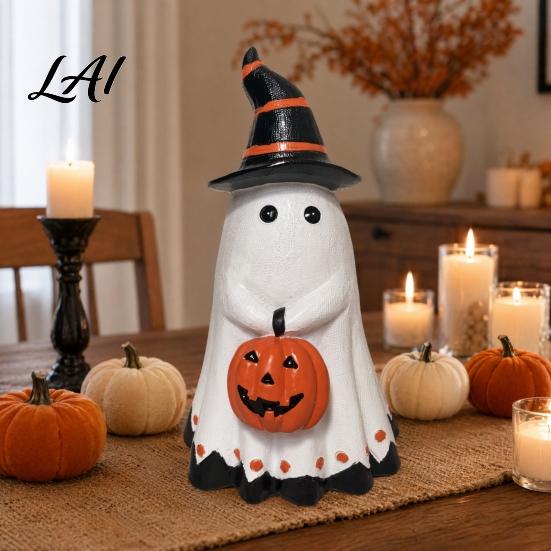 Halloween Holiday Vibes Decor Ghost Figurine Cute Wearing Hat And Holding Themed Party Accessory Pumpkin Statue Resin Ornament for Shelf Tabletop