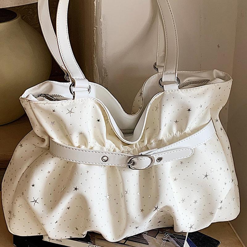 Fashi Pleate Star Handbag,korean Exquisite Leather Strap Decorate Underarm Bag,casual Large Capacity Commuter Bag With Pendant