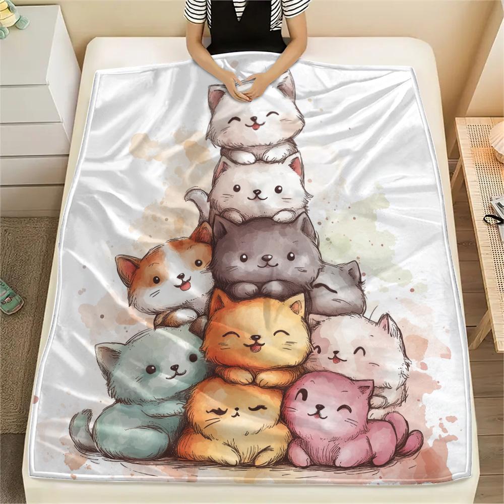 Stacked Cats Print Flannel Blanket, High quality Comfortable for All Seasons, Home Decor, Warmth and Comfort