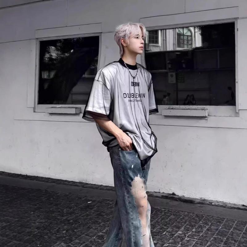 Men Mesh Layered Letter Print Oversized Short Sleeve T Shirt Casual Streetwear Summer Top
