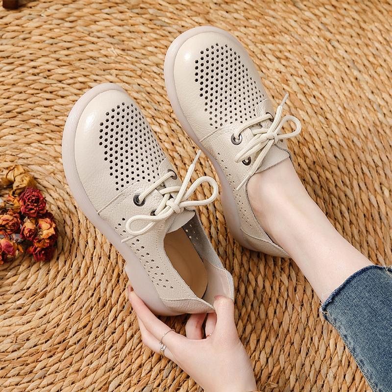 2026 Spring Summer Genuine Leather Women Casual Shoes Comfort Flat Round Toe Mother Shoes for Daily Wear Plus Size 41
