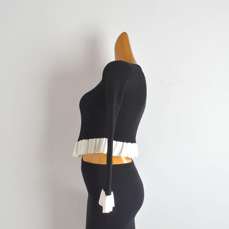 French Style Vintage Ruffled Splicing Knitwear Women's Spring & Fall New Arrival Silm Slimming and Short Pullover Bottoming Shirt Tops