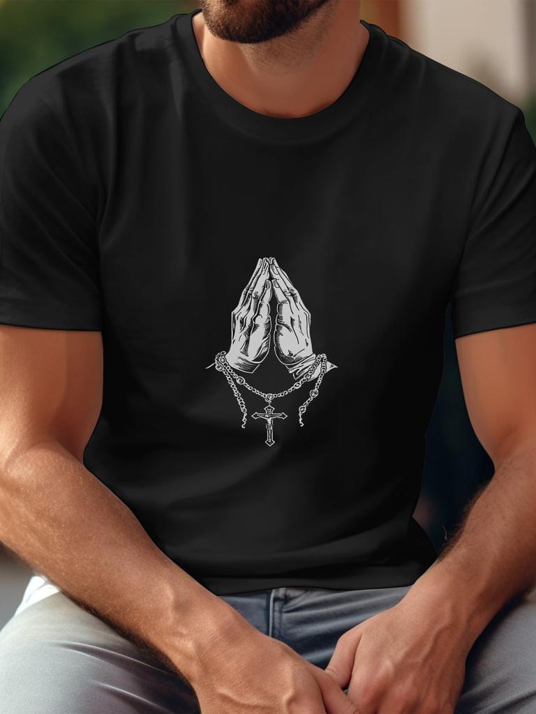 Praying Hands Tattoo Design Black & White T-shirt - 180g Cotton Crew Neck Short Sleeve