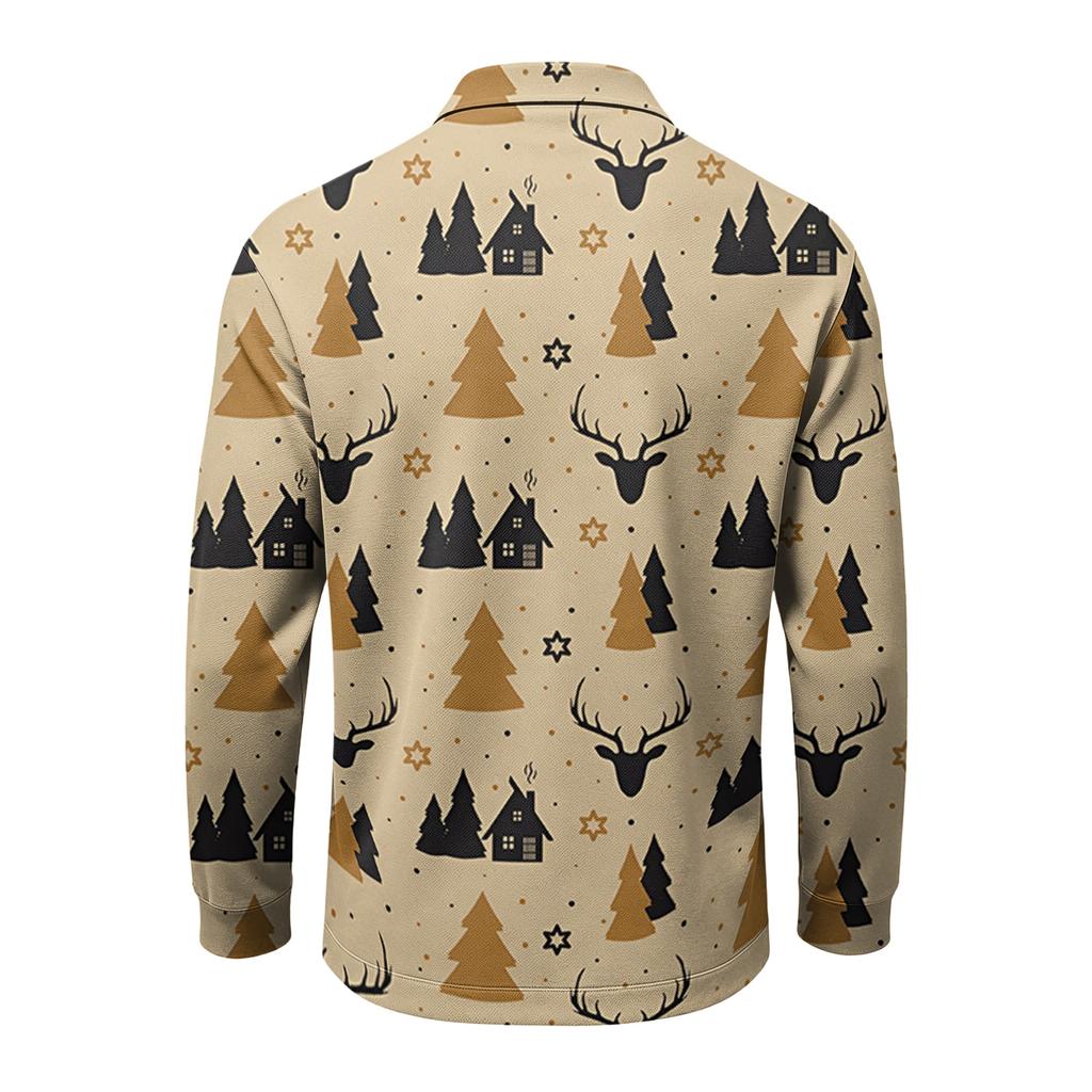 Men's Casual Quick-Dry Mesh Golf Shirt Long Sleeve Christmas Print Top