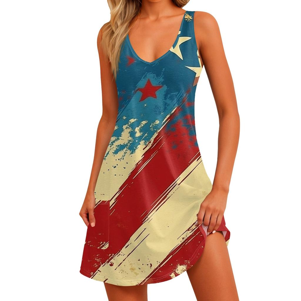 Women's Casual Print Sundress With Pockets Summer Boho Beach Dress T-Shirts Dress V Neck Loose Tank Dresses