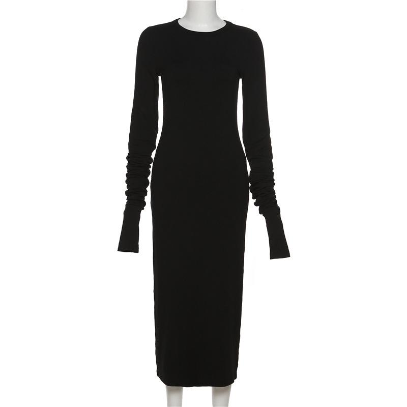 

Ребристое однотонное обтягивающее платье средней длины с длинными рукавами и квадратным вырезом, черное осеннее сексуальное вечернее платье, элегантное женское платье, длинные платья S чёрный