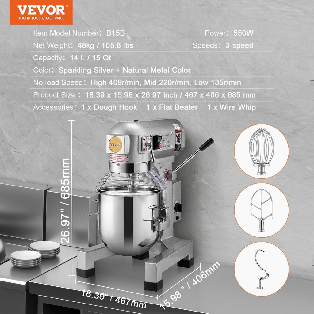 Commercial Food Mixer 14L 3-Speed Stand Dough Mixer 550W for Restaurant