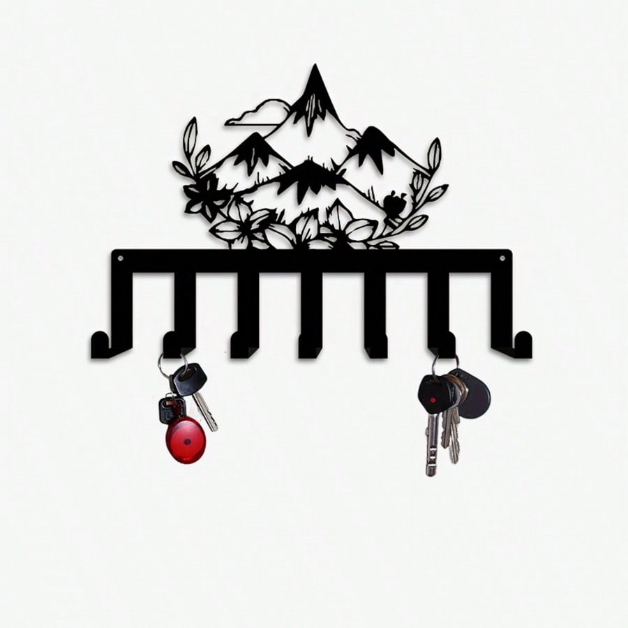 Moderner Schlüsselhalter aus schwarzem Eisen 7 Haken Berg Blumendesign Eingangsskulptur Geschenk
