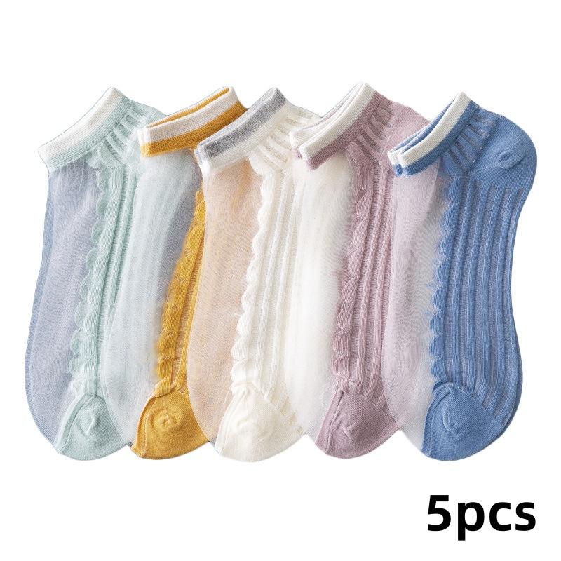 

5 пар/партия носков для женщин, летние тонкие сетчатые носки-лодочки с неглубоким носком, однотонные полые хлопковые повседневные короткие дышащие носки 5-pcs