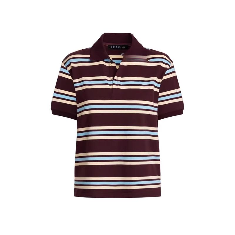 

25 Spring and Summer New Miu Series Wear Contrast Color Stripe Polo Neckline Short sleeve T-shirt American vintage Top Women Picture Color S