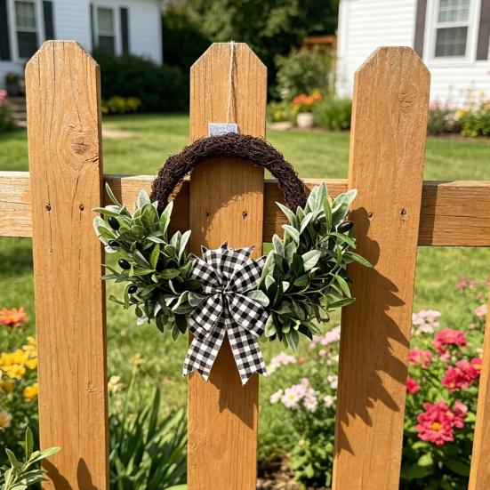 Artificial Lamb Ear Wreath Faux Greenery Leaves Rattan Wreath with Striped Bow Spring Farmhouse Hanging Decor for Front Door Wall Holiday Party