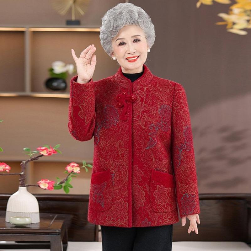 Middle-aged elderly autumn clothes female grandma woolen coat mother autumn and winter new old man old lady thickened Tang suit top