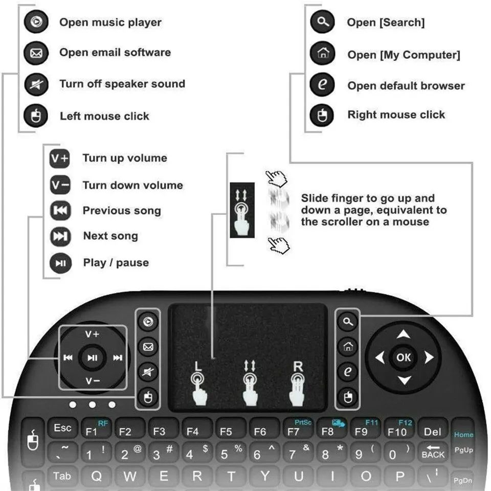 I8 2.4GHz Wireless Keyboard English Mini Keyboard Air Mouse Handheld Keyboard with Touchpad For Android Laptops TV Box Projector