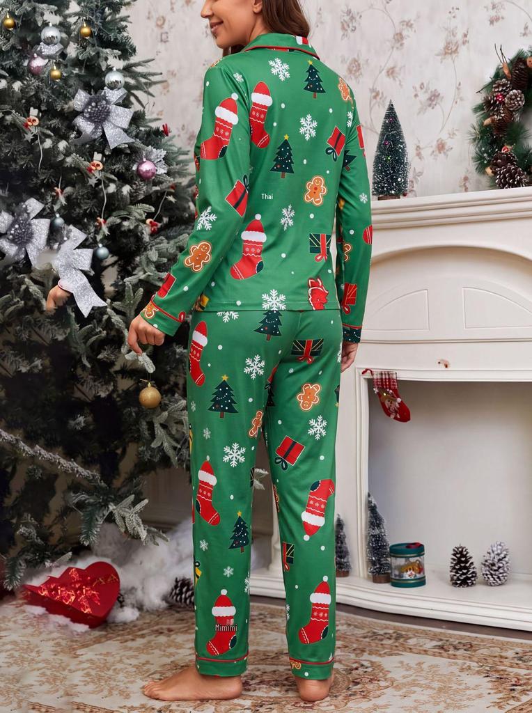 Stylish Women's Christmas Pajama Set with Lapel, Long Sleeves, and Pants