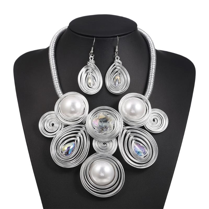 Statement Jewelry Set with Flower Cluster Design, Faux Bead Look Necklace and Matching Earrings for Outfit Styling