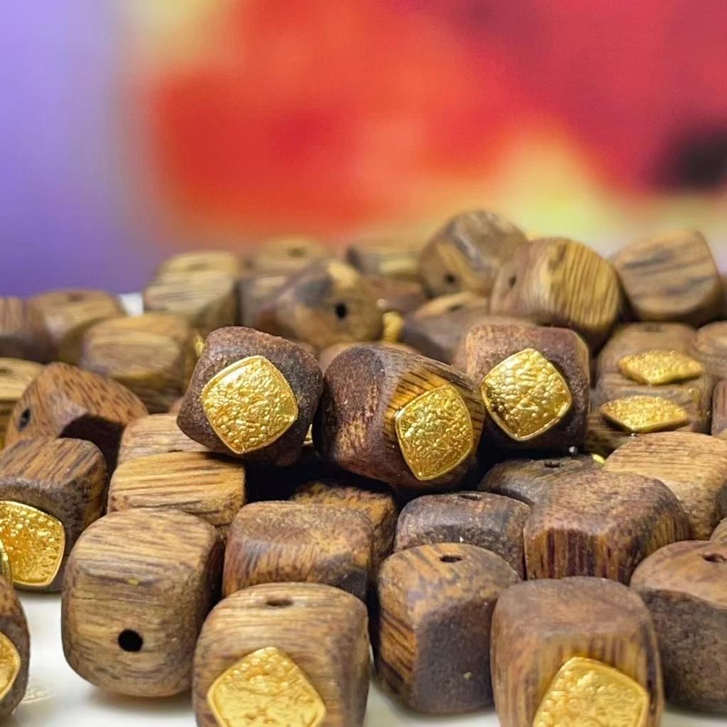5Pcs Handmade Wooden Square Beads with Yellow Copper Accents, Stylish Minimalist Yellow Fortune God Loose Beads for DIY Necklace, Jewelry Making 8×8mm