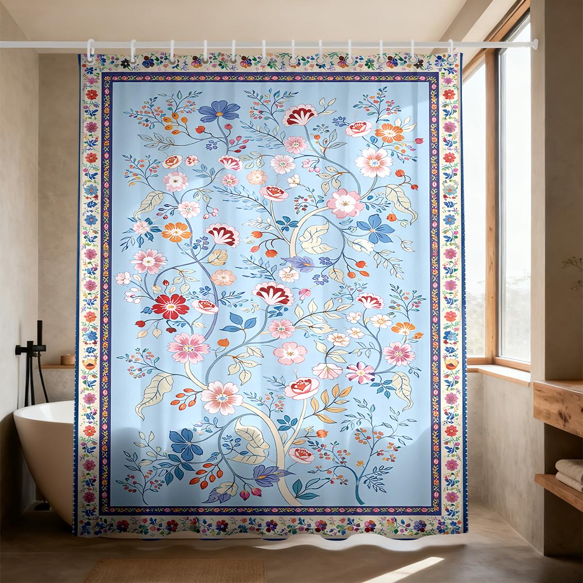 

1Pc Spring Flower Printed Waterproof Shower Curtain Partition Privacy Hanging Curtain Multiple Sizes 12 Hooks W60H190(CM)-1 Pcs