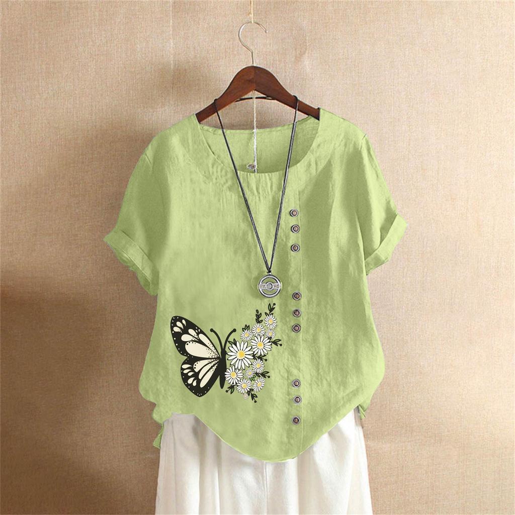 Summer Oversized Cotton and Linen Short-sleeved T-shirt, Cotton and Linen Butterfly Flower Printed Oversized Women's Clothing