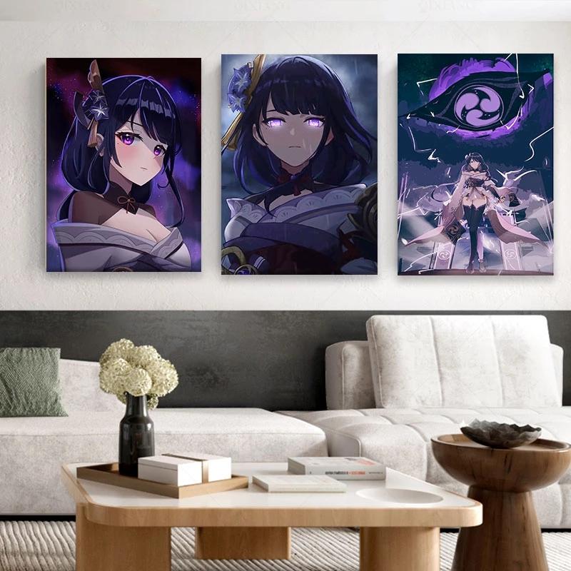 Solid Wood Frame Game Postoer Genshin Impact Poster General Raiden Anime Posters Canvas Painting Wall Decor Posters Wall Art Picture Home Decor