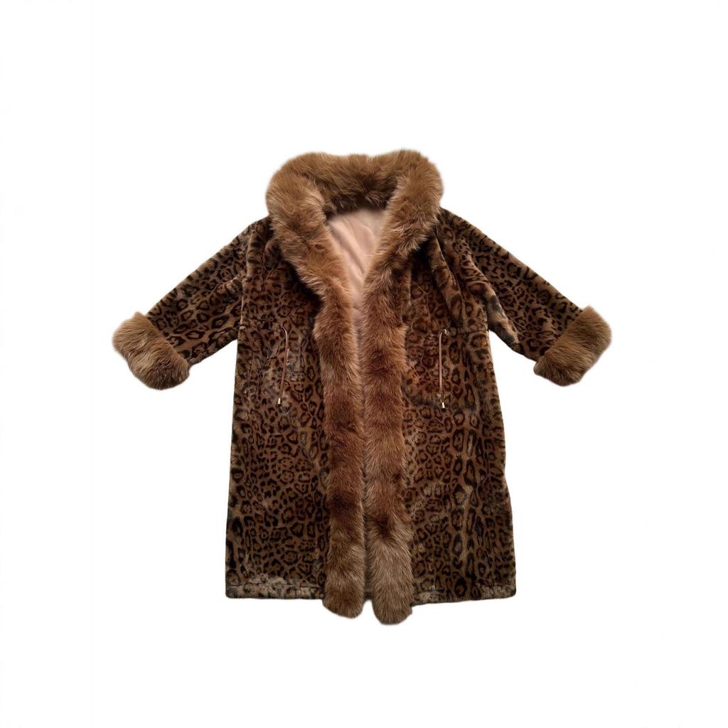 25 European and American Fashion Leopard Print Long Hooded Faux Mink Fur Coat for Women