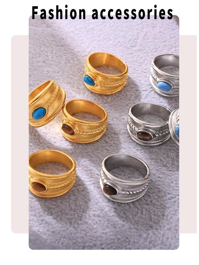 Mili Blue Turquoise Tiger Eye Stone Twist Pattern Stainless Steel Ring for Women, PVD Gold-Plated, Pinky Ring, In Stock