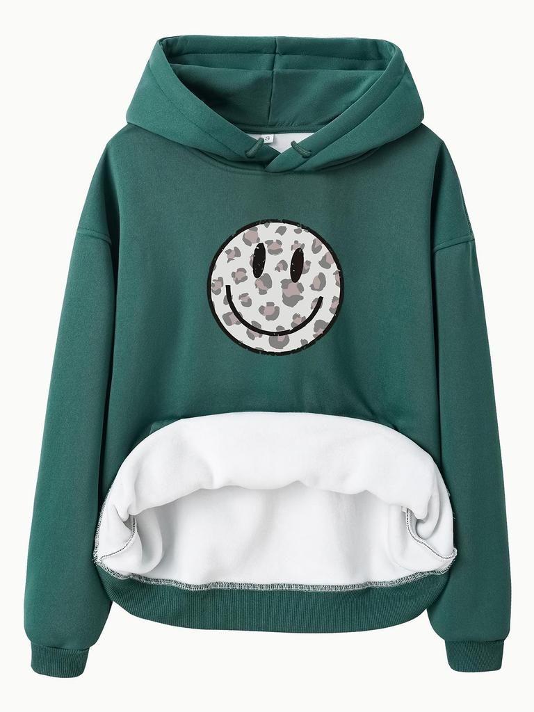 European & American Women's Fleece-Lined Hoodie with Smiley Face Print - Autumn/Winter