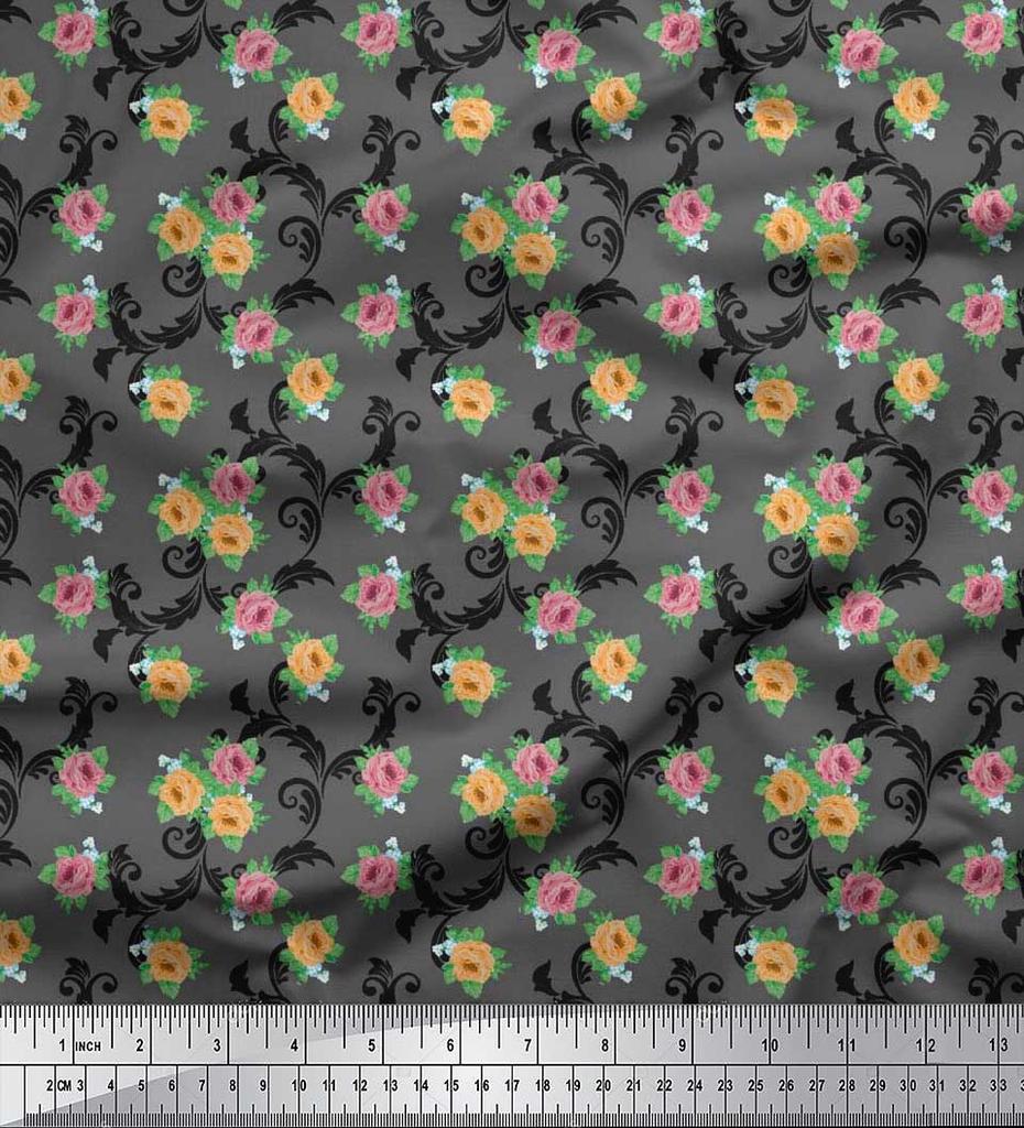 Soimoi Japan Crepe Satin Fabric Swirl,Leaves & Rose Floral Printed Fabric 1 Metre 42 Inch