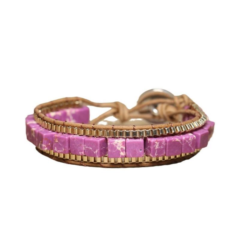 Purple Imperial Jasper Square Bead Wrap Bracelet – Gold Accent Leather Boho Jewelry, Passion Protection Gift for Women