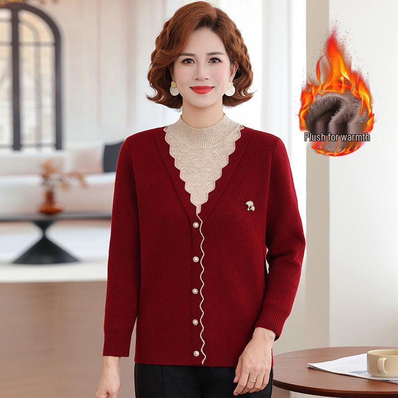 Mom's 2025 Winter Two-Piece Style Plus Velvet Sweater for Middle-Aged & Elderly Women - Thickened Autumn/Winter Velvet Base Layer Shirt