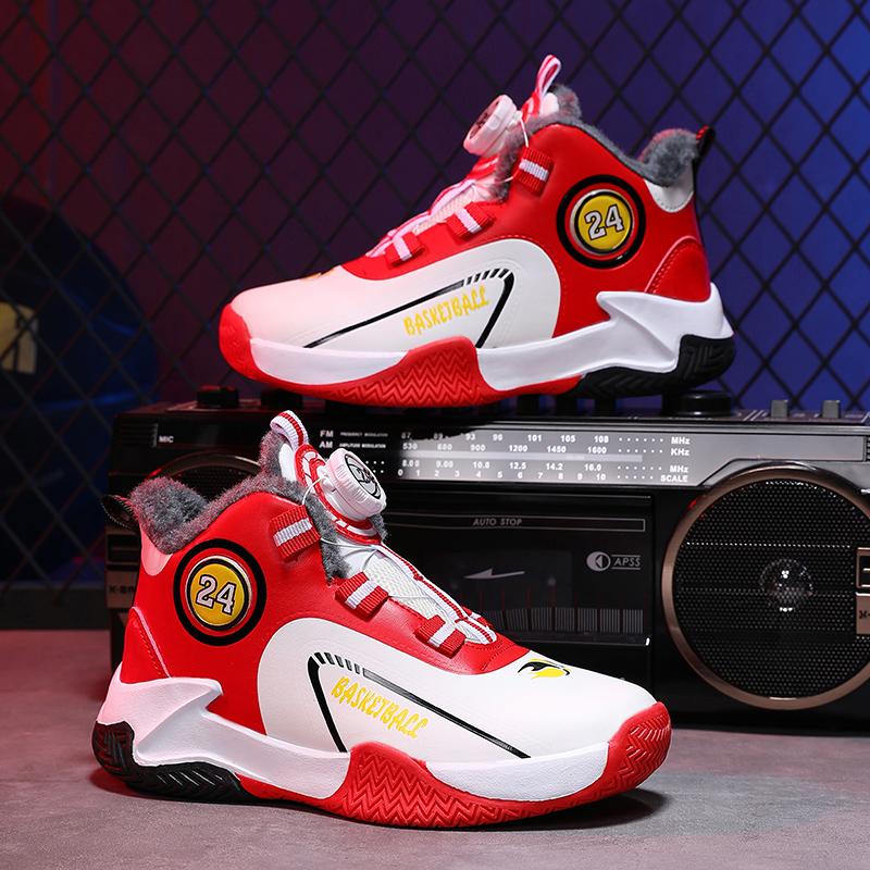 Autumn/Winter Warm Boys' Leather Rotating Buckle Basketball Shoes with Velvet, Children's Sports Professional Basketball Shoes