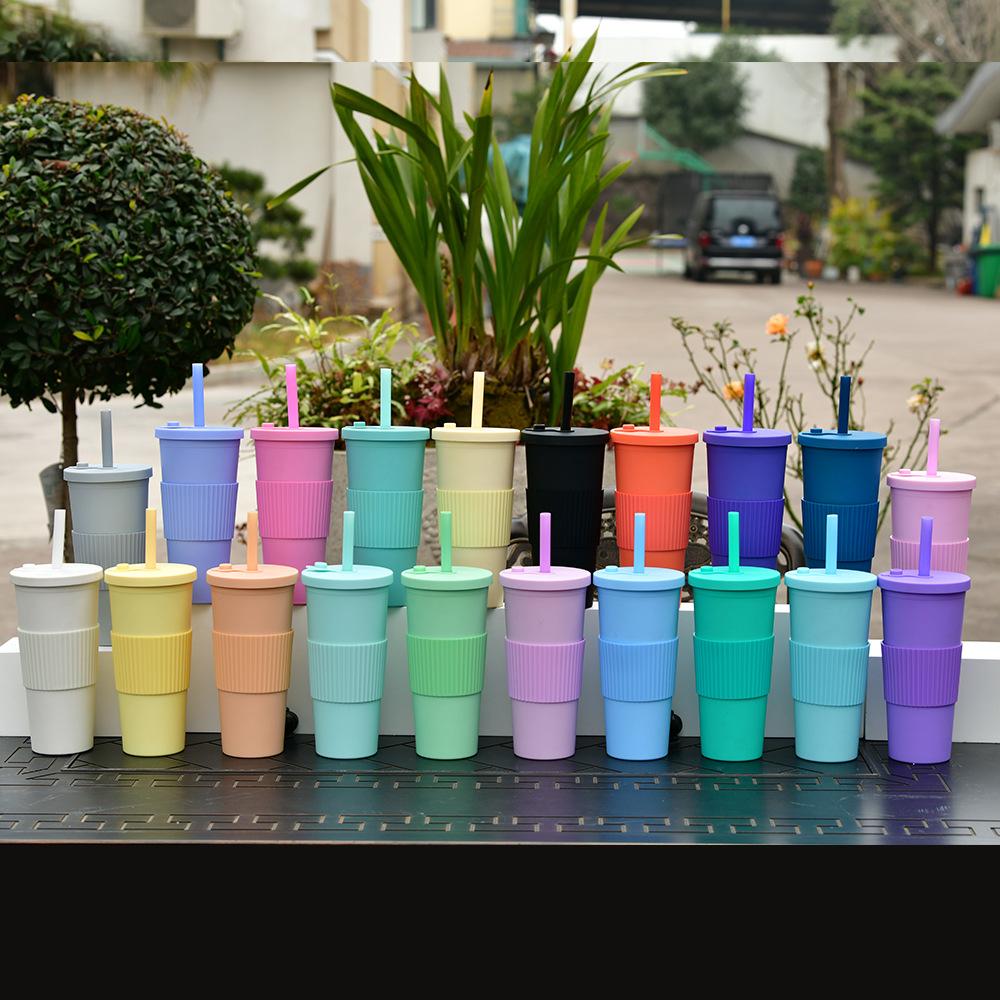 2025 Large Capacity Double Layer Plastic Cup Large Hole Straw Pearl Boba Milk Tea Cup Portable Outdoor Straw Cup