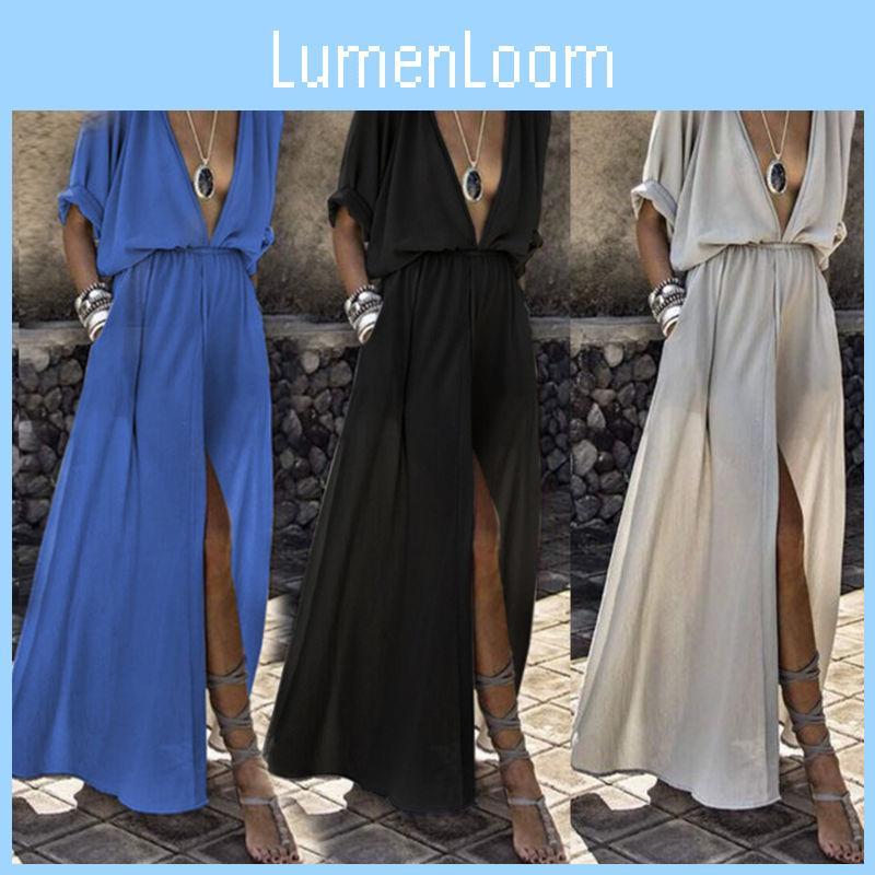Elegant Women Deep V Neck Maxi Dress With Half Sleeve For Summer Beach Holidays
